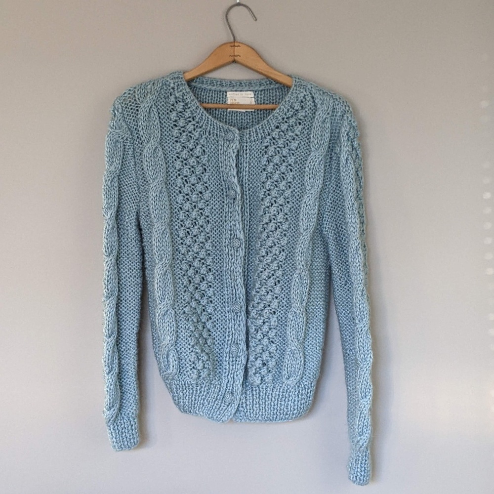 Vintage hand knit cable cardigan light blue sweater